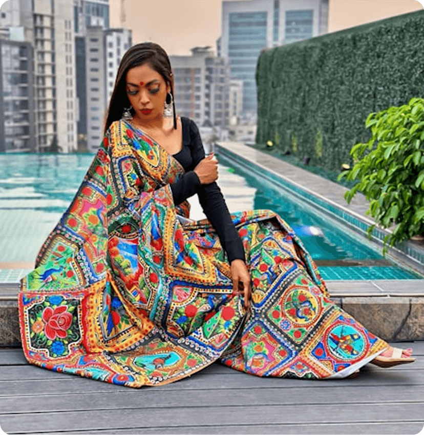 A model wearing a new arrival green and red dress.